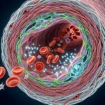 3D biomedical visualization of vascular endothelium and red blood cells flowing through open arterial lumen with nitric oxide vasodilation