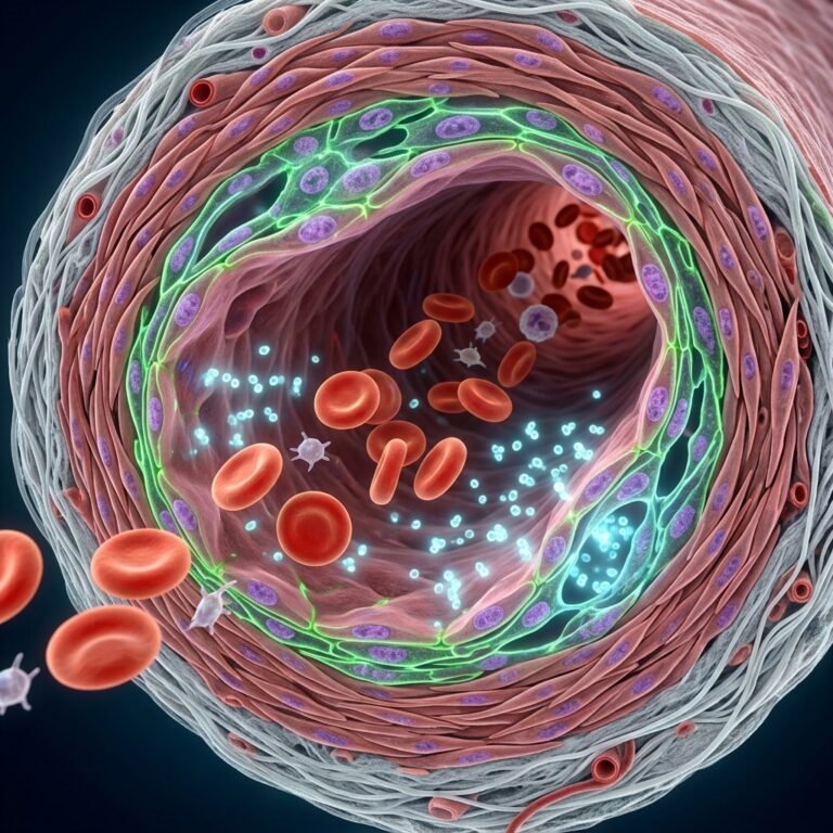 3D biomedical visualization of vascular endothelium and red blood cells flowing through open arterial lumen with nitric oxide vasodilation